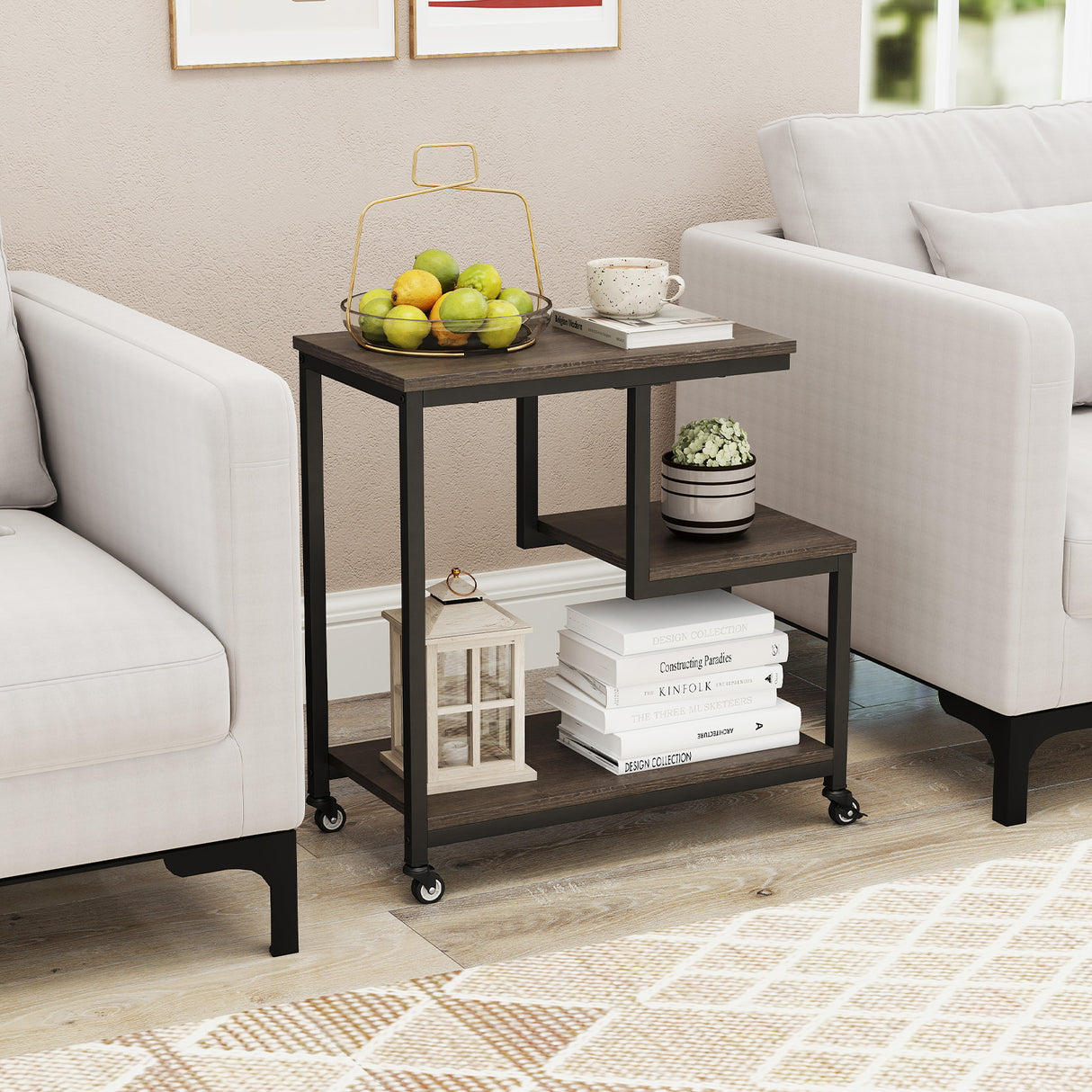 G-shaped Side Table 3-Tier Mobile End Table with Open Shelves