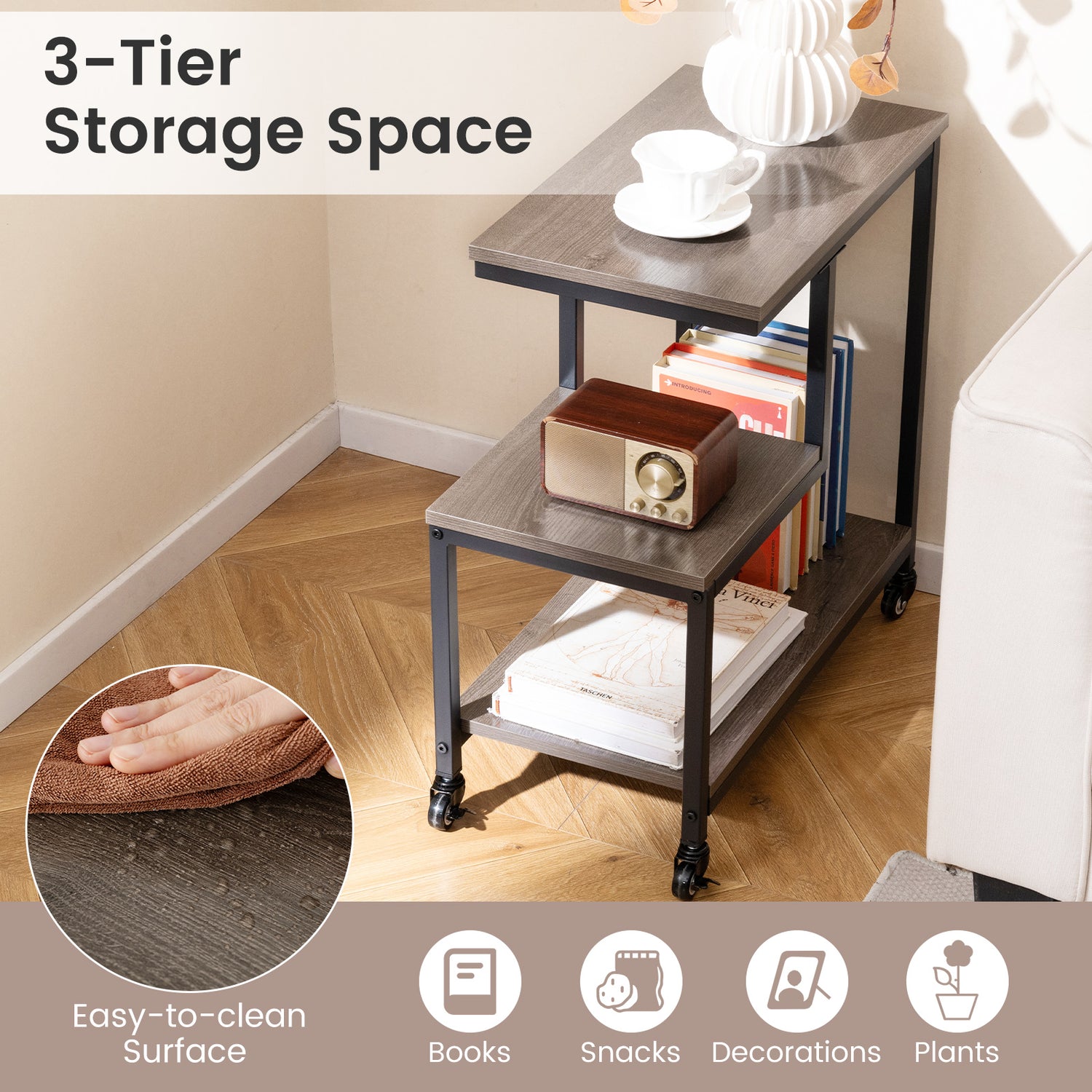G-shaped Side Table 3-Tier Mobile End Table with Open Shelves