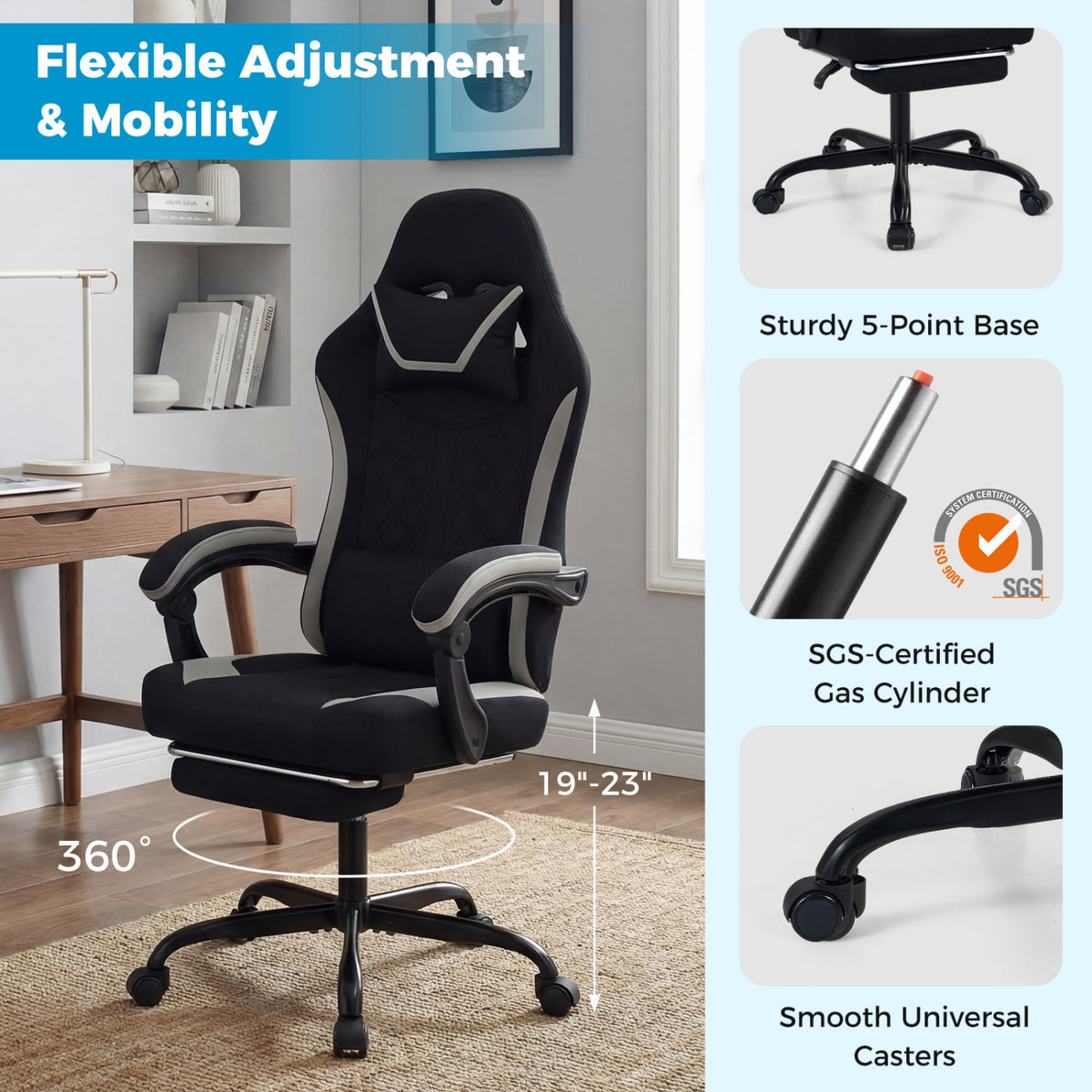 Gaming Chair Height Adjustable Computer Chair with Headrest Footrest & 360° Swivel Seat-Black