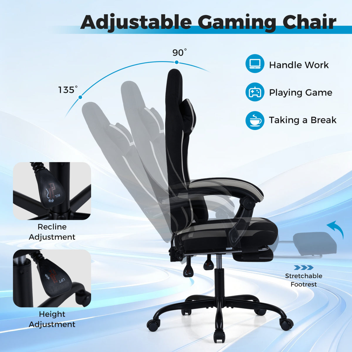 Gaming Chair Height Adjustable Computer Chair with Headrest Footrest & 360° Swivel Seat-Black
