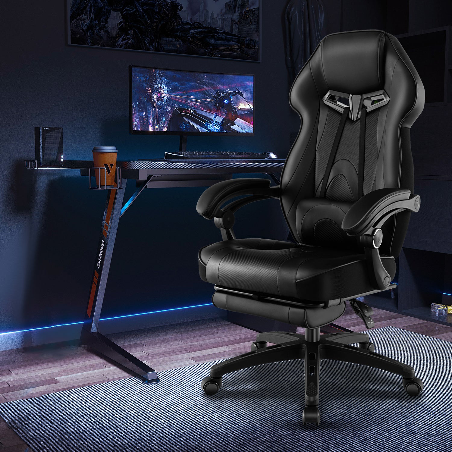 Gaming Chair Racing Style Swivel Chair with Footrest and Adjustable Lumbar Pillow