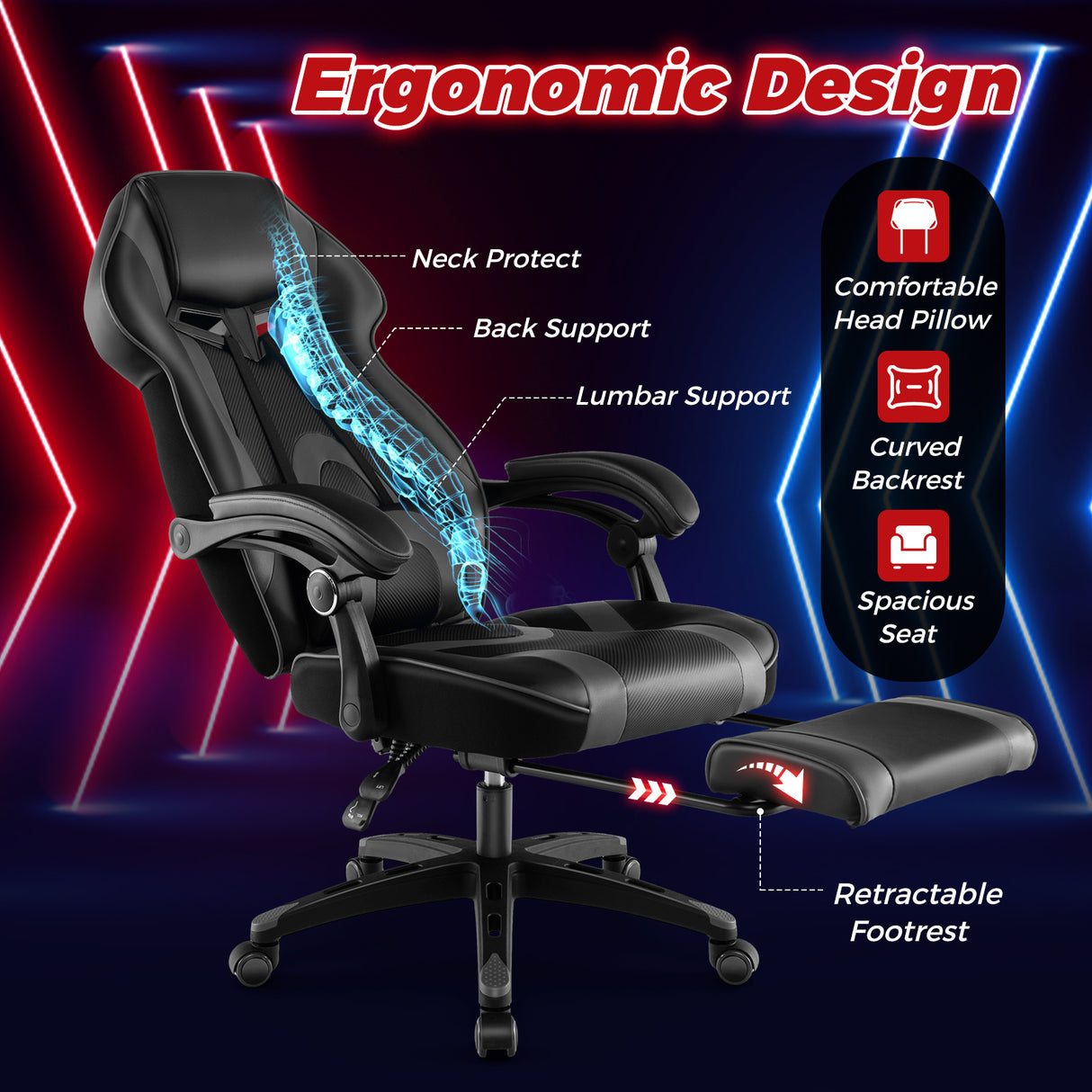 Gaming Chair Racing Style Swivel Chair with Footrest and Adjustable Lumbar Pillow