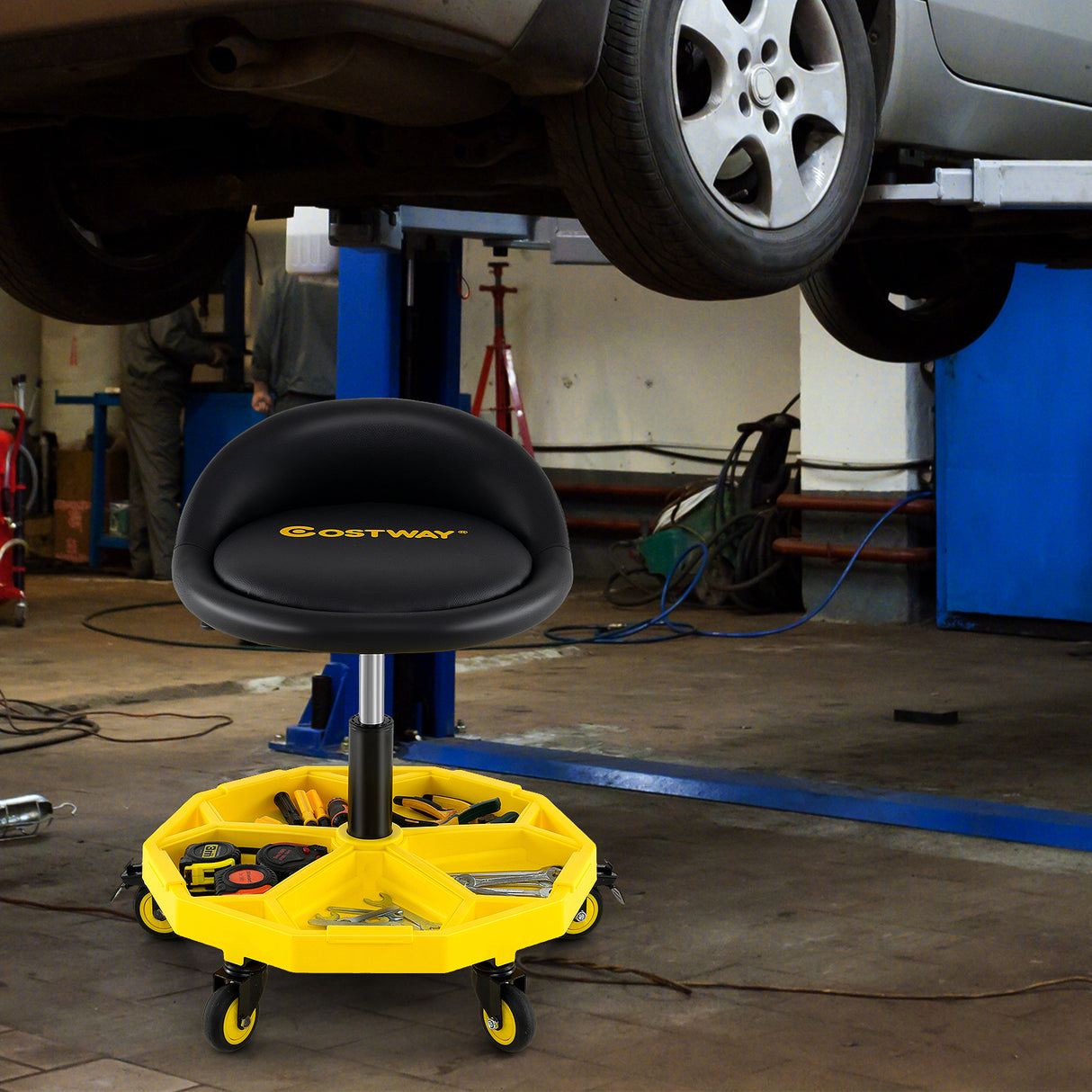 20 Inch-25 Inch Height Adjustable Rolling Garage Stool with Tool Tray Storage-Yellow