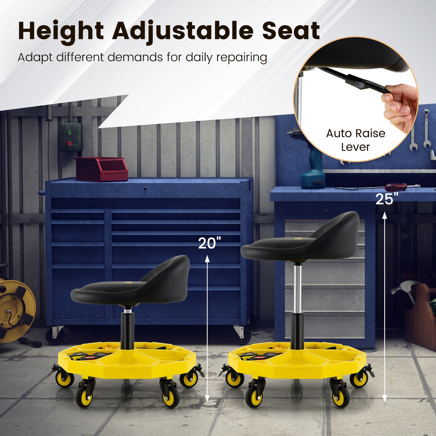 20 Inch-25 Inch Height Adjustable Rolling Garage Stool with Tool Tray Storage-Yellow
