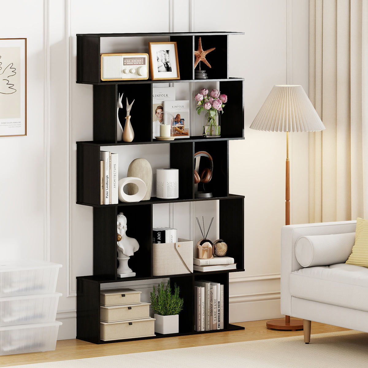 Geometric Bookshelf 5-Tier Bookcase with Open Shelves and Closed-back Cubes