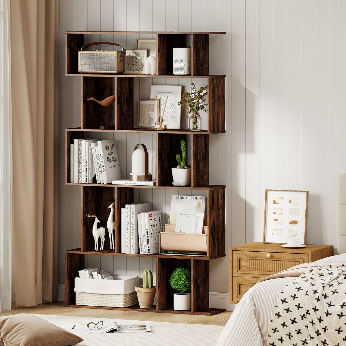 Geometric Bookshelf Set of 2 5-Tier Bookcase with Open Shelves and Closed-back Cubes