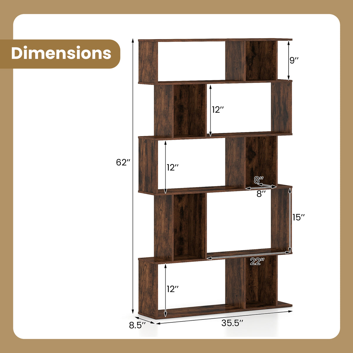 Geometric Bookshelf Set of 2 5-Tier Bookcase with Open Shelves and Closed-back Cubes