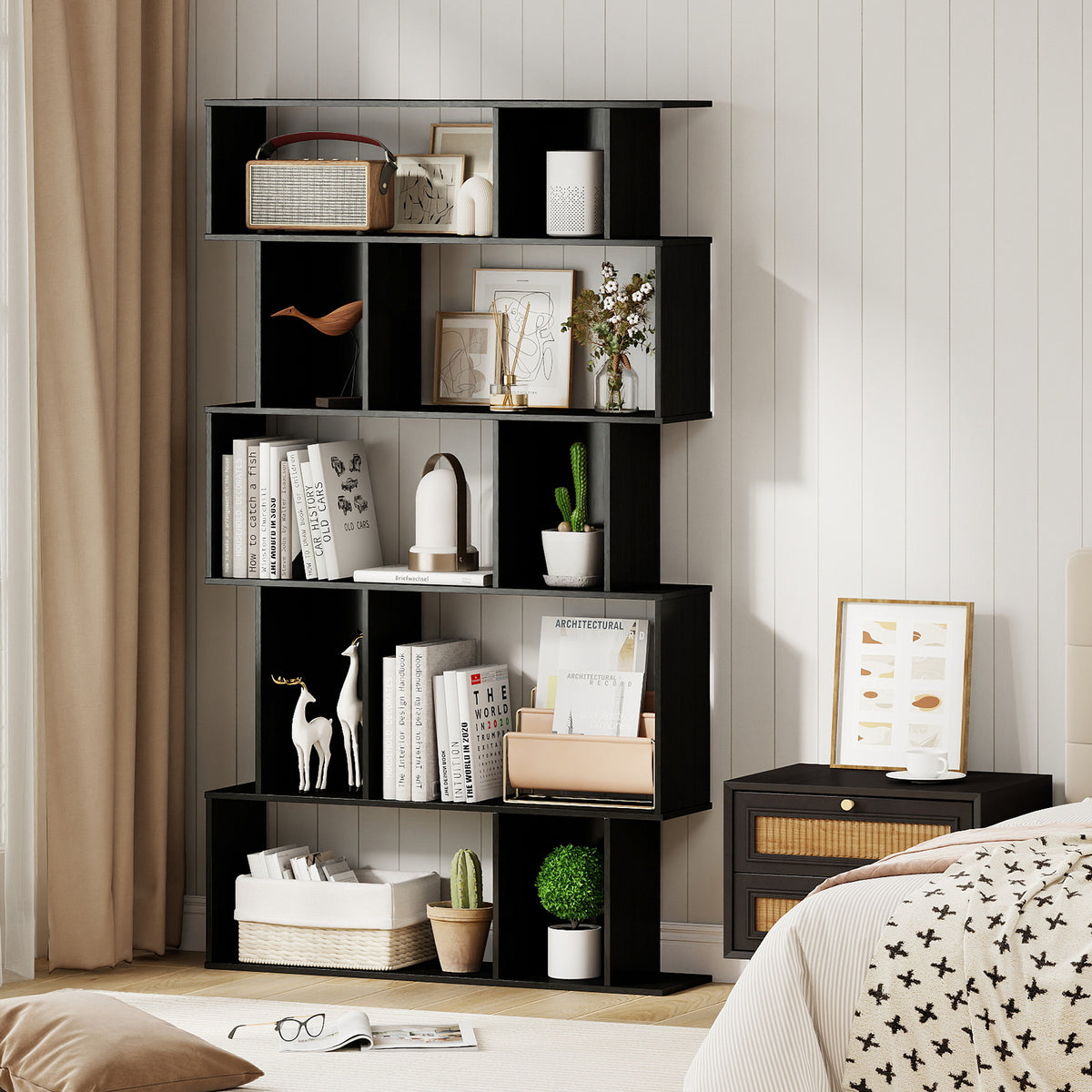 Geometric Bookshelf Set of 2 5-Tier Bookcase with Open Shelves and Closed-back Cubes