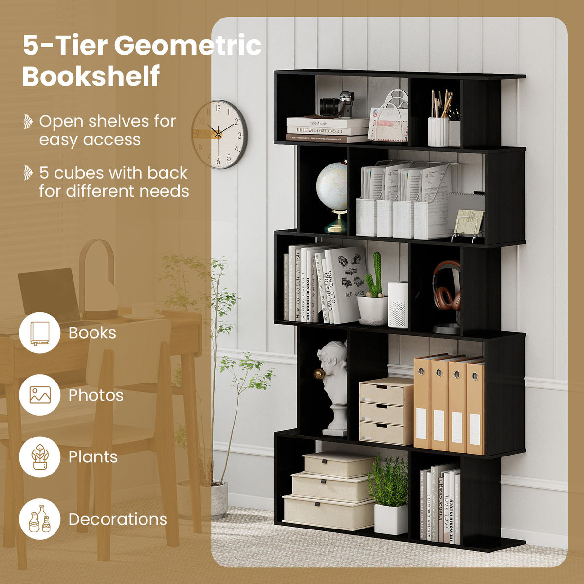 Geometric Bookshelf Set of 2 5-Tier Bookcase with Open Shelves and Closed-back Cubes