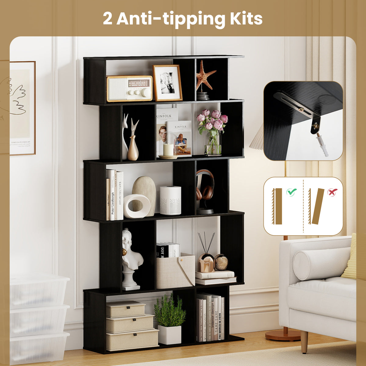 Geometric Bookshelf Set of 2 5-Tier Bookcase with Open Shelves and Closed-back Cubes