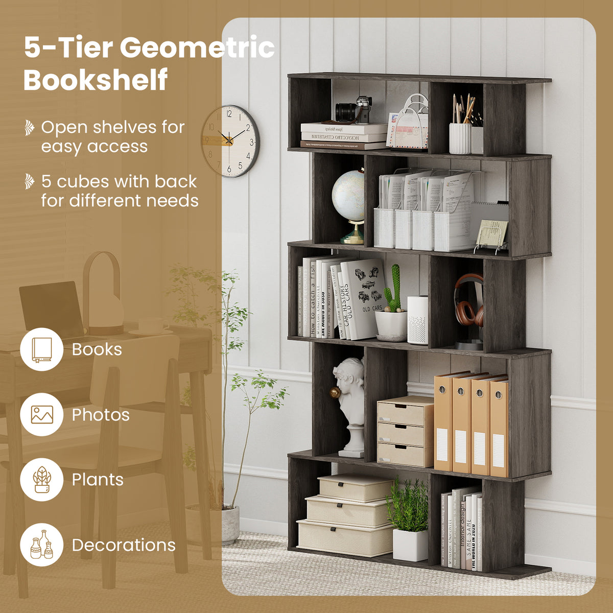 Geometric Bookshelf Set of 2 5-Tier Bookcase with Open Shelves and Closed-back Cubes