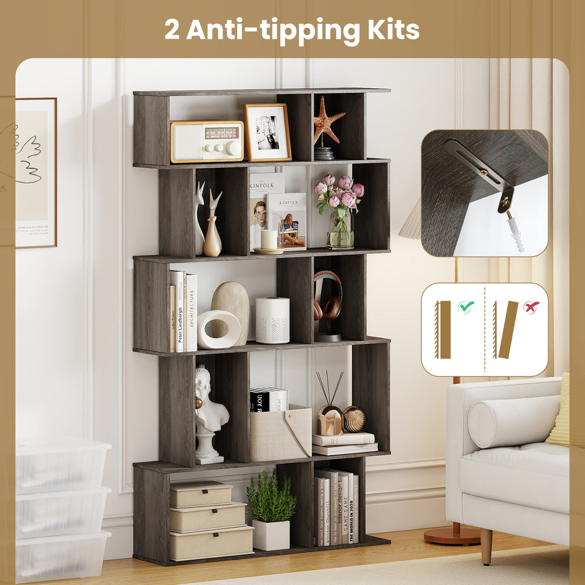 Geometric Bookshelf Set of 2 5-Tier Bookcase with Open Shelves and Closed-back Cubes