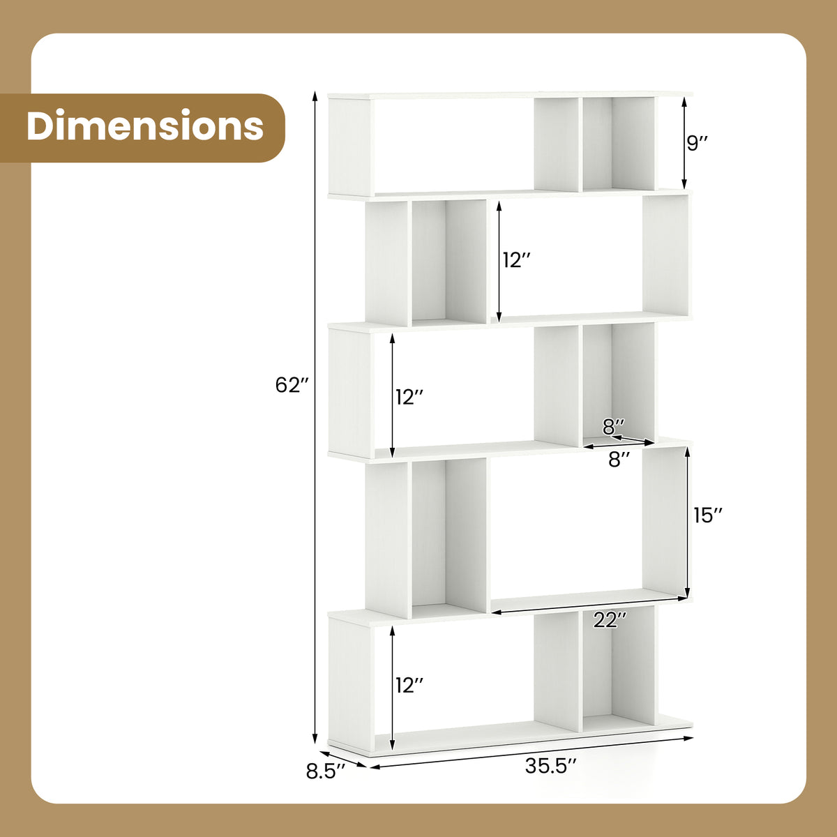Geometric Bookshelf Set of 2 5-Tier Bookcase with Open Shelves and Closed-back Cubes