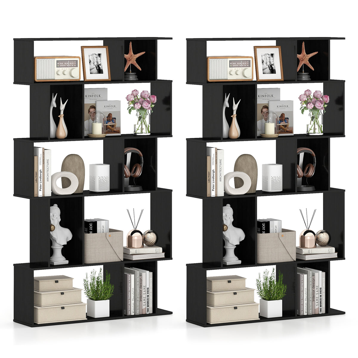 Geometric Bookshelf Set of 2 5-Tier Bookcase with Open Shelves and Closed-back Cubes