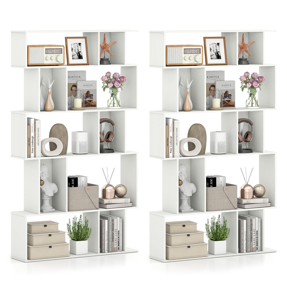 Geometric Bookshelf Set of 2 5-Tier Bookcase with Open Shelves and Closed-back Cubes