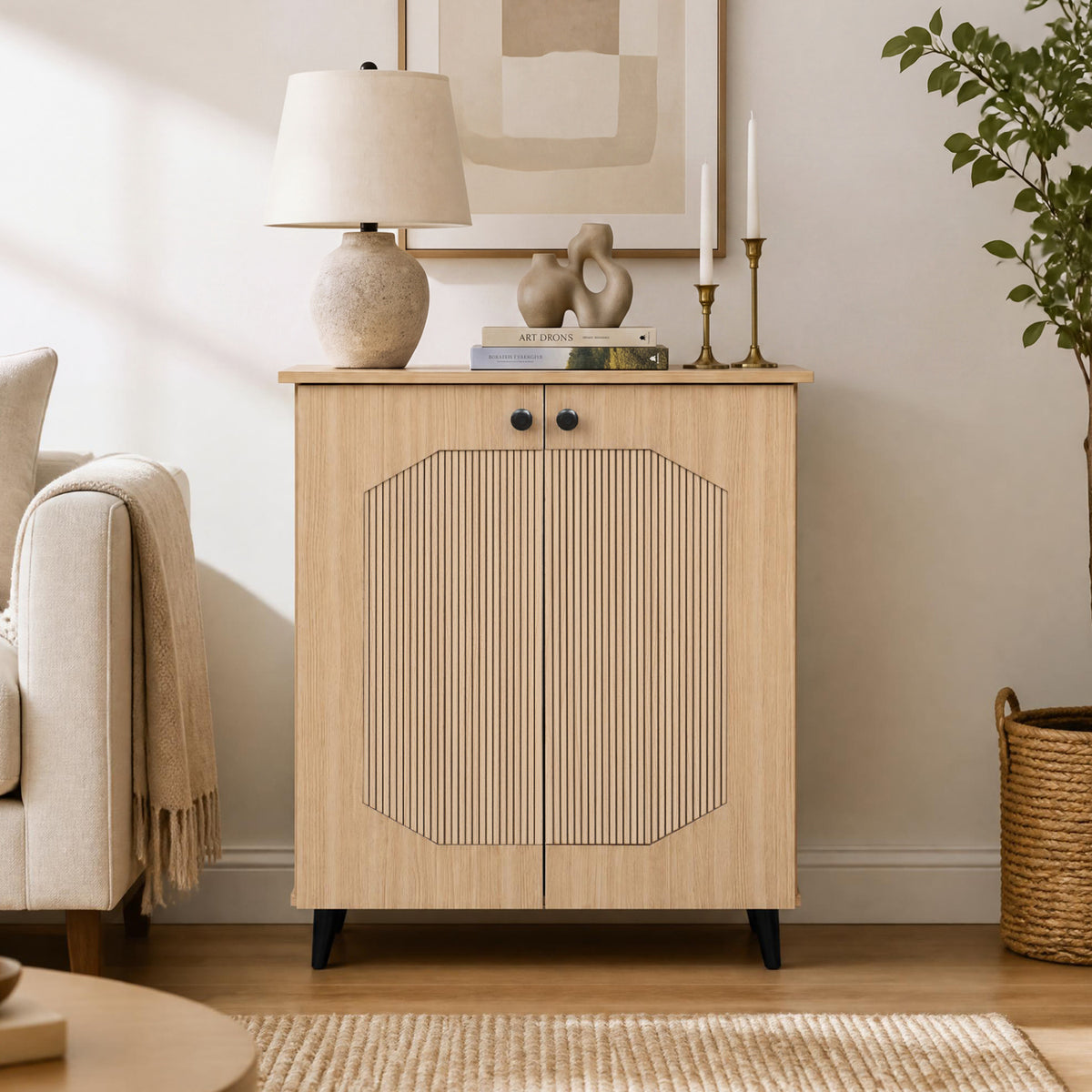 Geometric Cabinet 2âDoor PUâlike Freestanding Footwear Storage with Carved Panels for Entryway Hallway Living Room-Natural