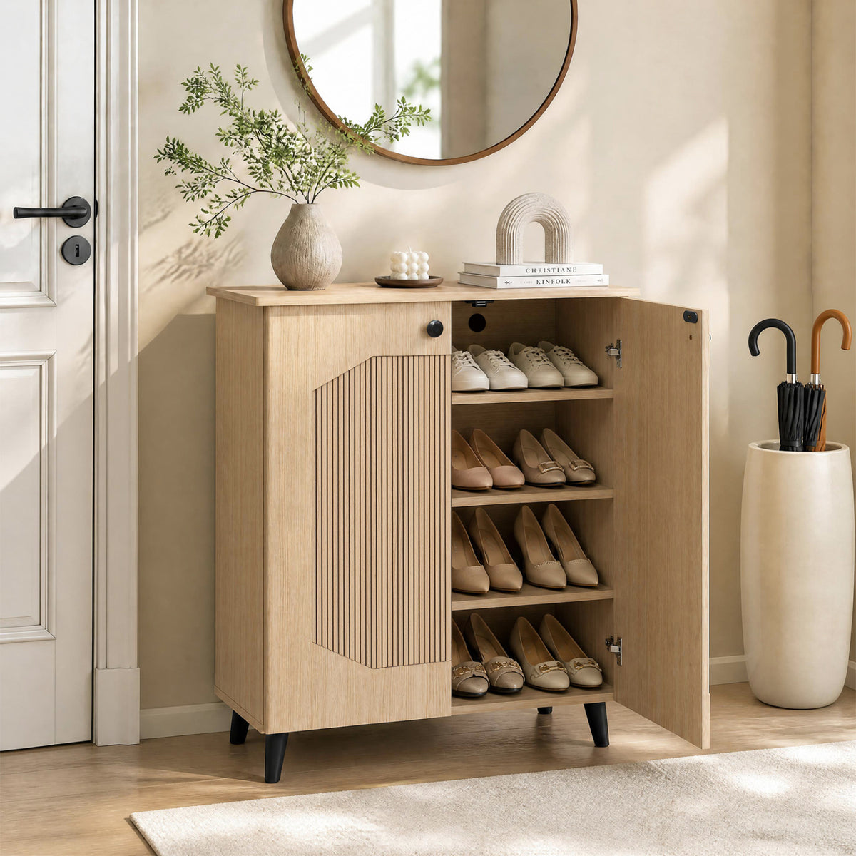 Geometric Cabinet 2âDoor PUâlike Freestanding Footwear Storage with Carved Panels for Entryway Hallway Living Room-Natural