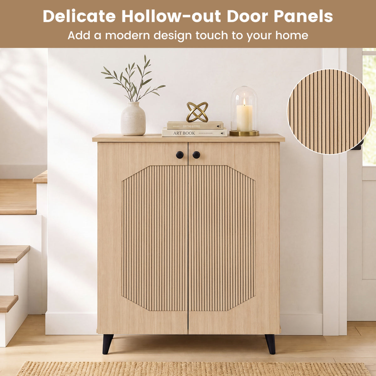 Geometric Cabinet 2âDoor PUâlike Freestanding Footwear Storage with Carved Panels for Entryway Hallway Living Room-Natural