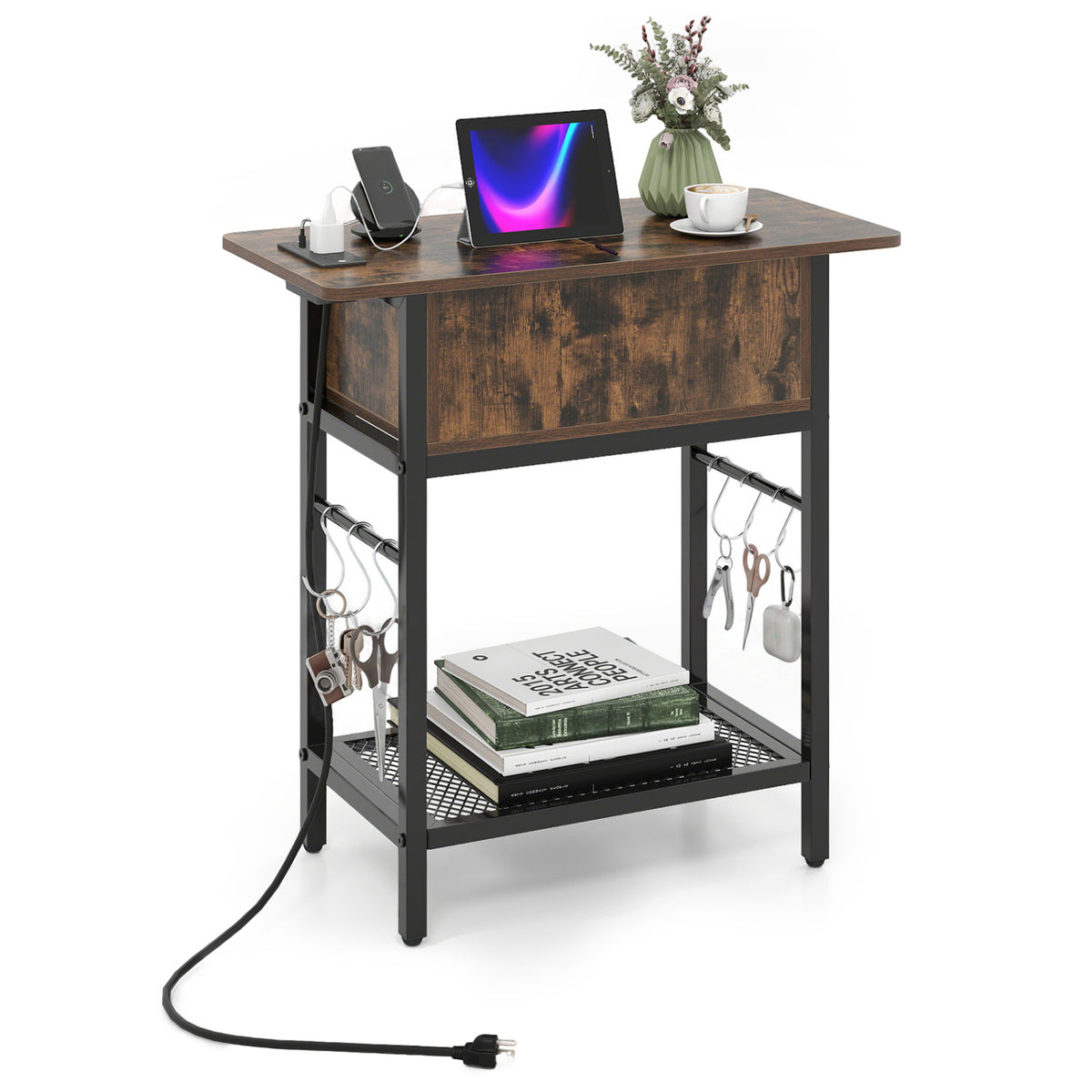 End Table with Charging Station USB Ports Outlets and Flip Top