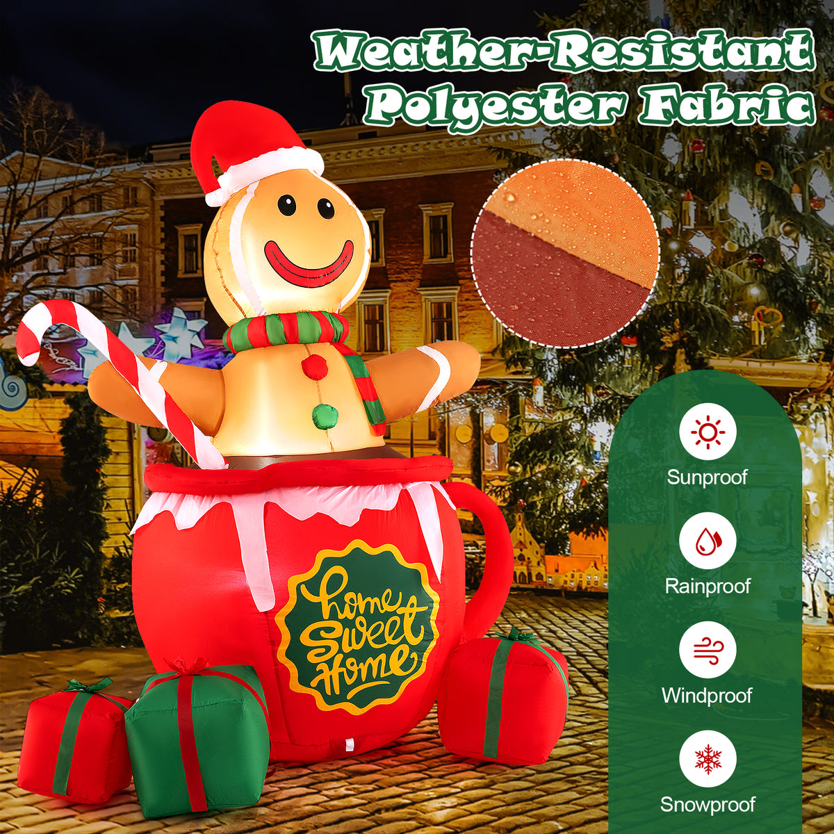 7 Feet Inflatable Gingerbread Man in Hot Cocoa Mug with Built-in LED Lights and Gift Boxes
