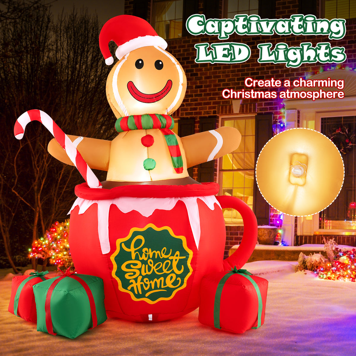 7 Feet Inflatable Gingerbread Man in Hot Cocoa Mug with Built-in LED Lights and Gift Boxes