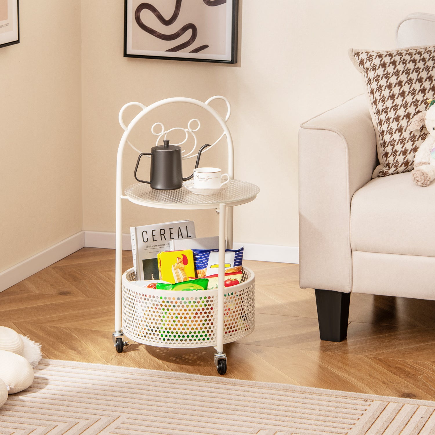 Modern Sofa Side Table on Lockable Wheels for Living Room Bedroom Study