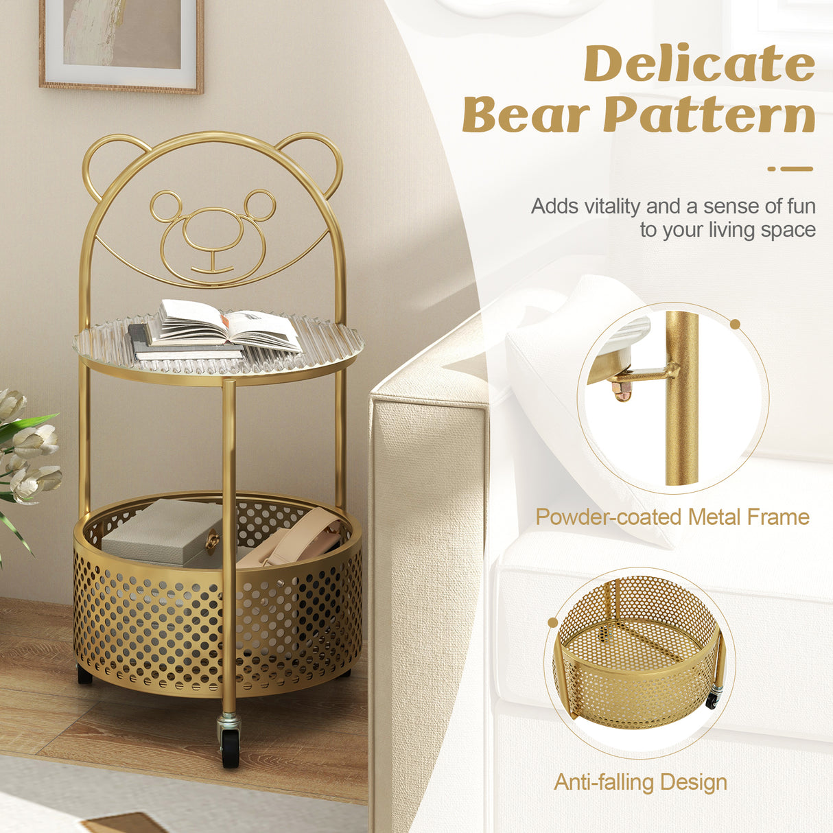 Modern Sofa Side Table on Lockable Wheels for Living Room Bedroom Study