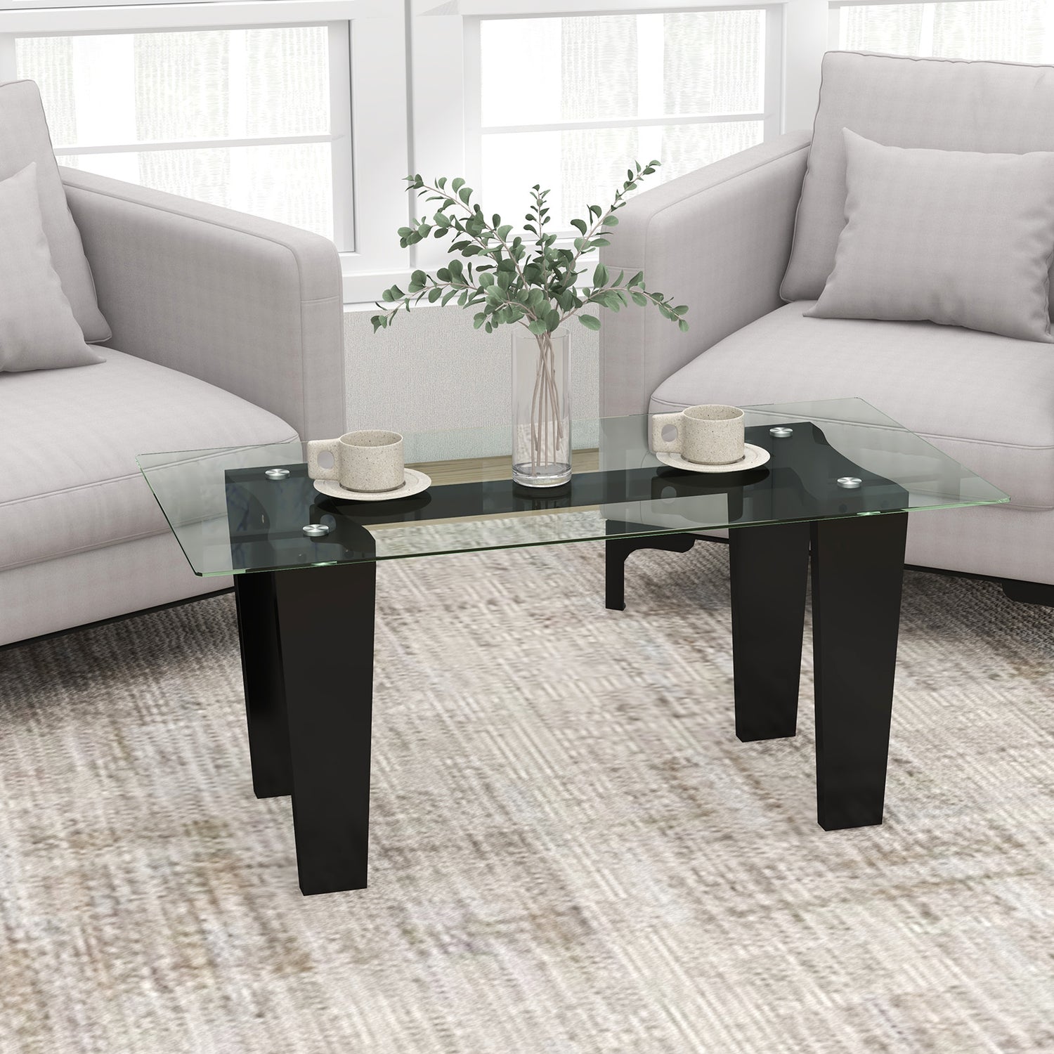 39.5 Inch Glass Coffee Table Modern Rectangular Center Table with Solid Rubber Wood Legs-Black