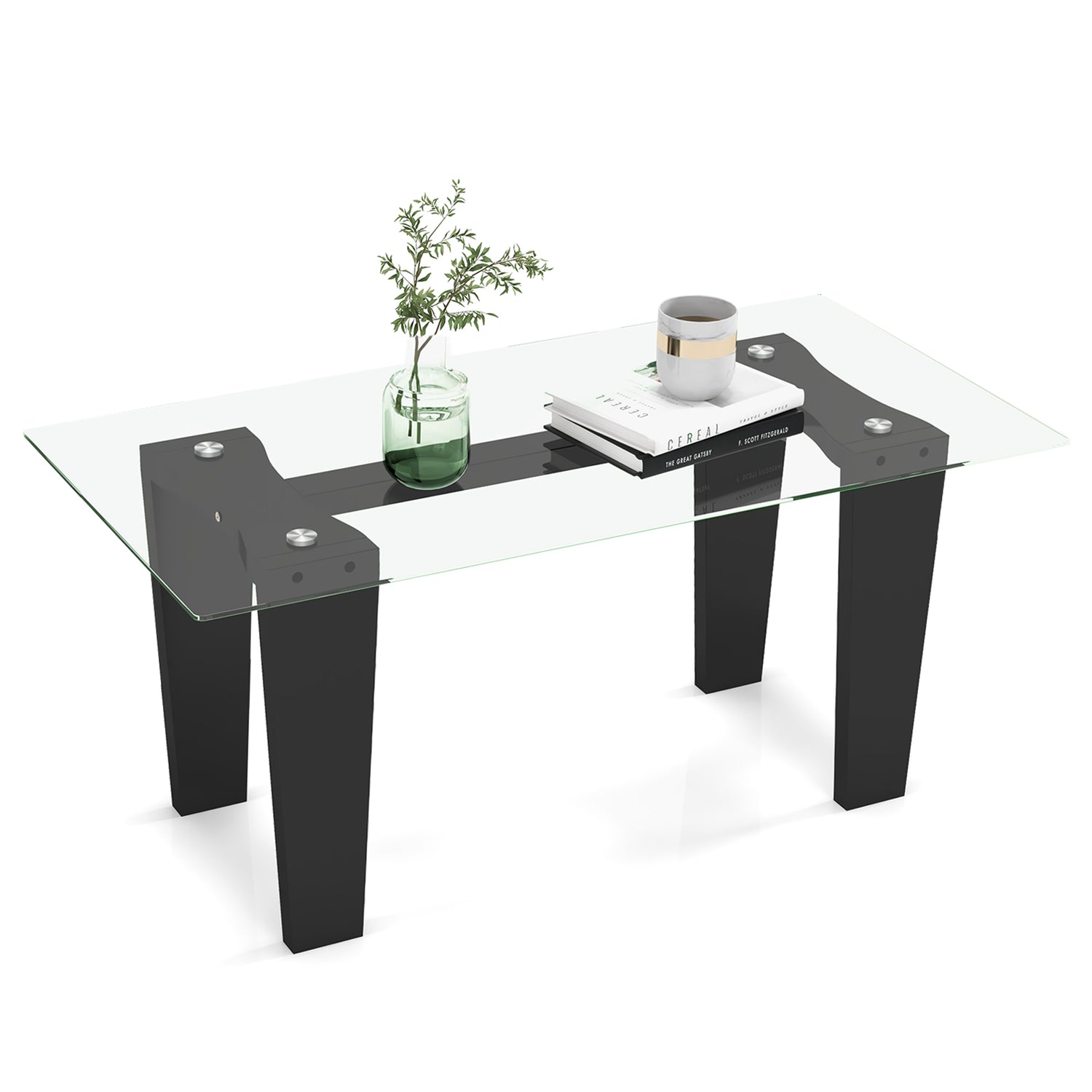 39.5 Inch Glass Coffee Table Modern Rectangular Center Table with Solid Rubber Wood Legs-Black