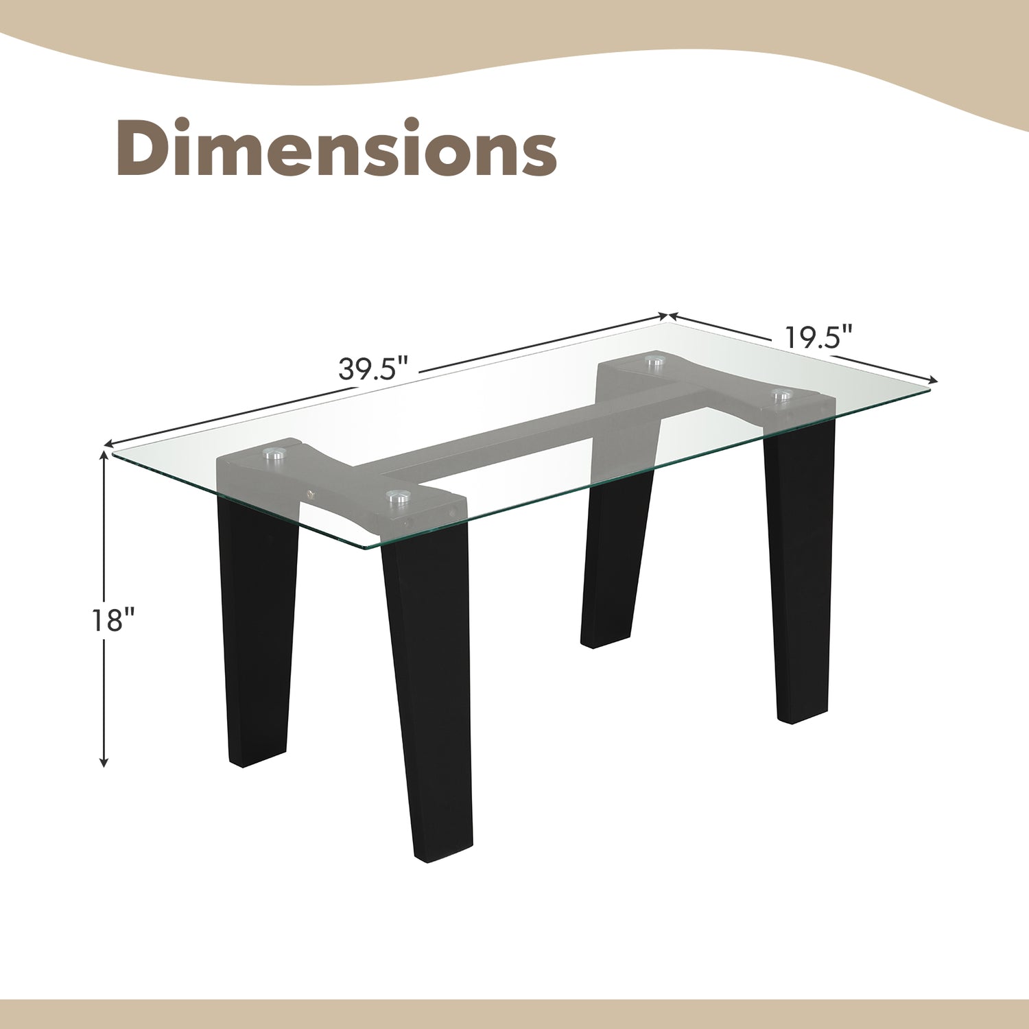 39.5 Inch Glass Coffee Table Modern Rectangular Center Table with Solid Rubber Wood Legs-Black