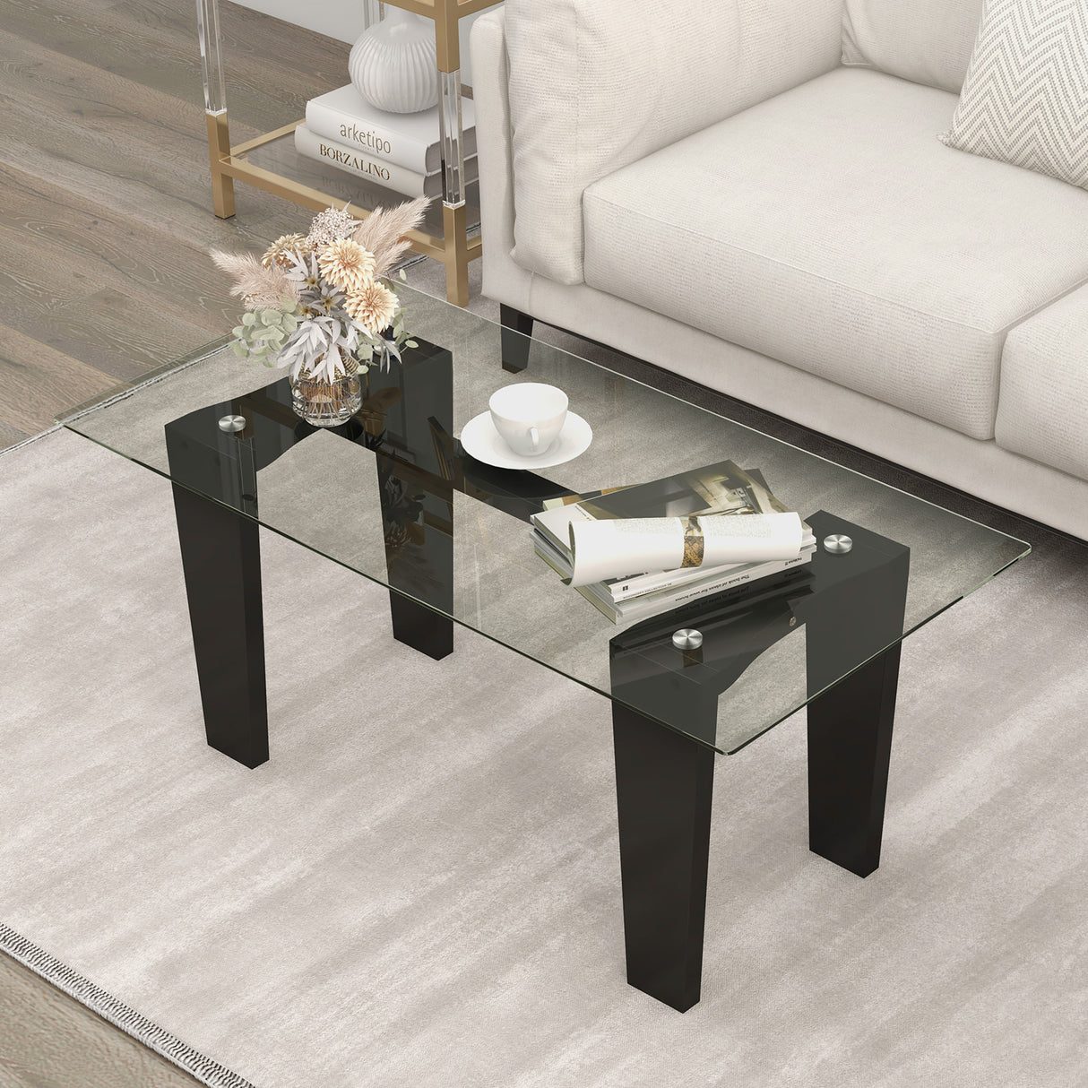 39.5 Inch Glass Coffee Table Modern Rectangular Center Table with Solid Rubber Wood Legs-Black