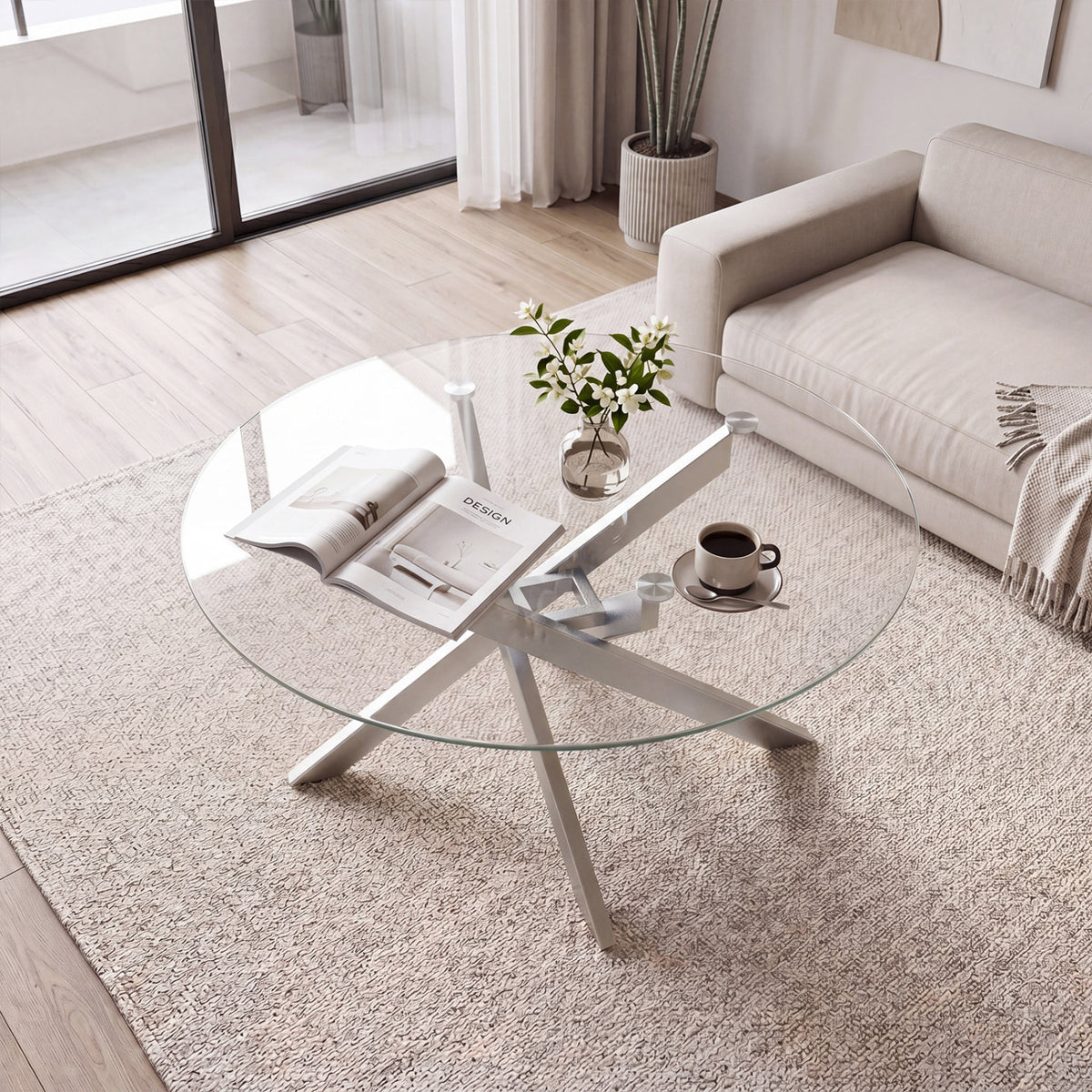 Glass Coffee Table Round Clear Center Table with Tempered Glass Top