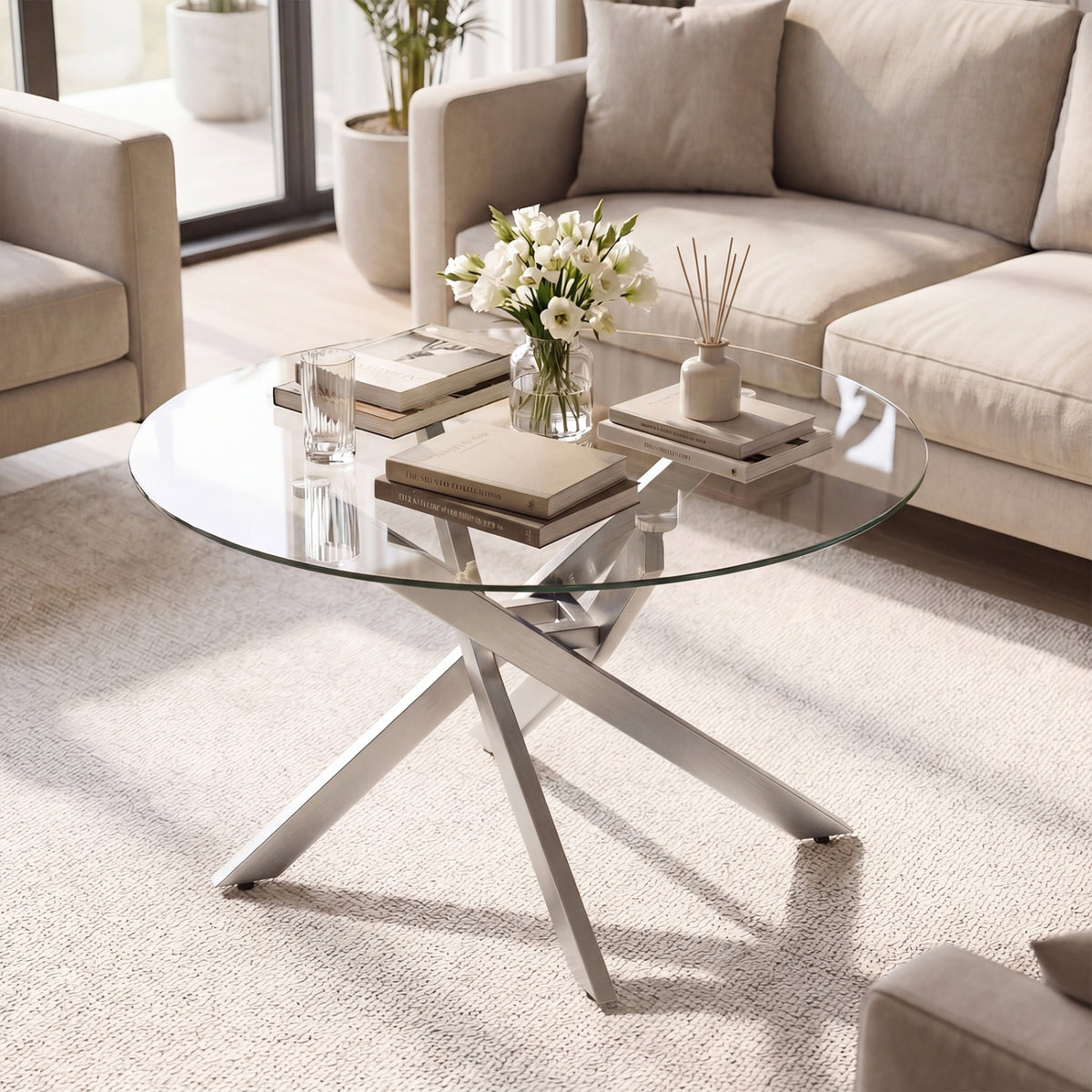 Glass Coffee Table Round Clear Center Table with Tempered Glass Top
