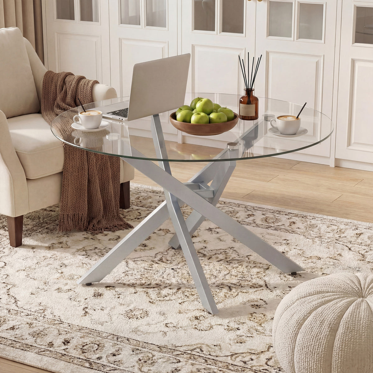 Glass Coffee Table Round Clear Center Table with Tempered Glass Top
