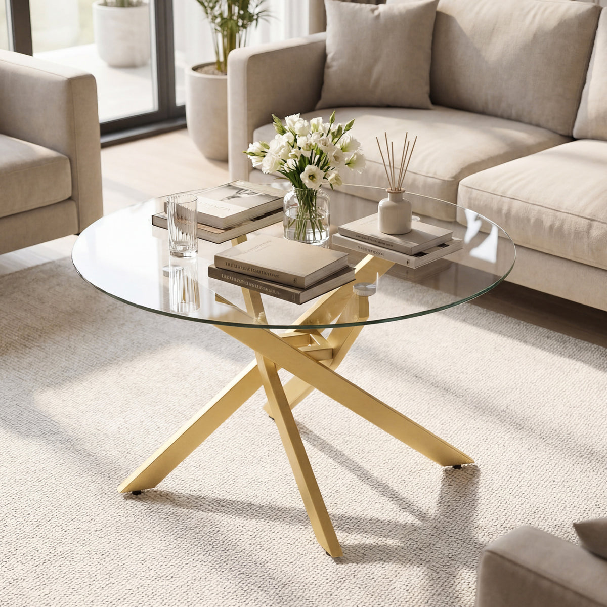 Glass Coffee Table Round Clear Center Table with Tempered Glass Top