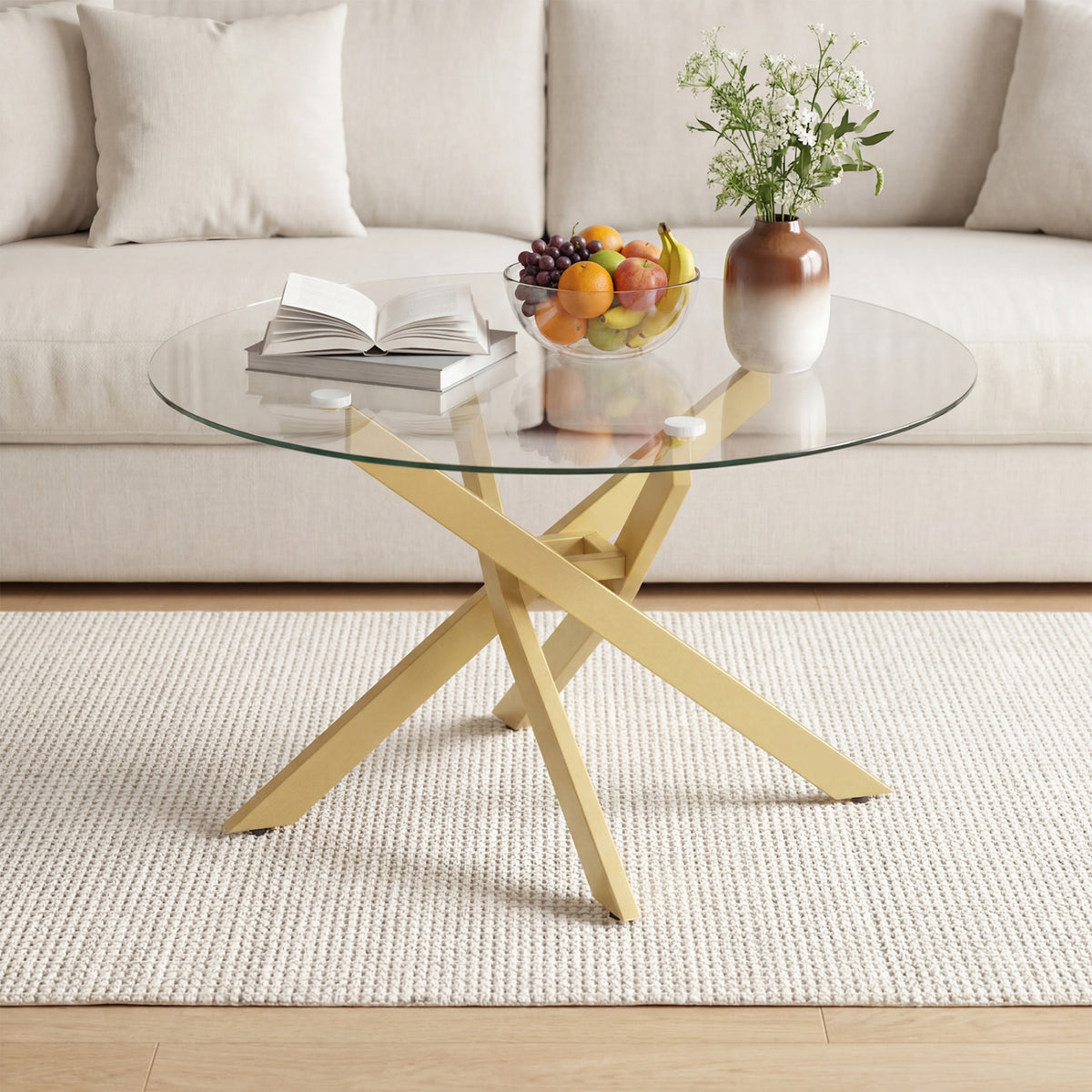 Glass Coffee Table Round Clear Center Table with Tempered Glass Top