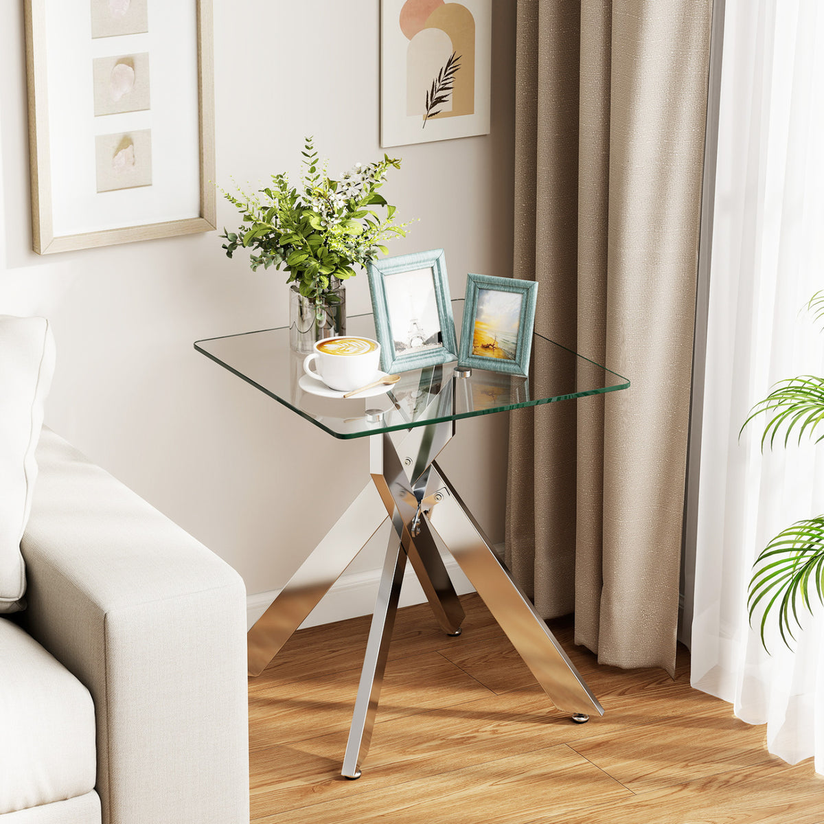 Glass Side Table Square End Table with Tempered Glass Top and Metal X Base-Silver