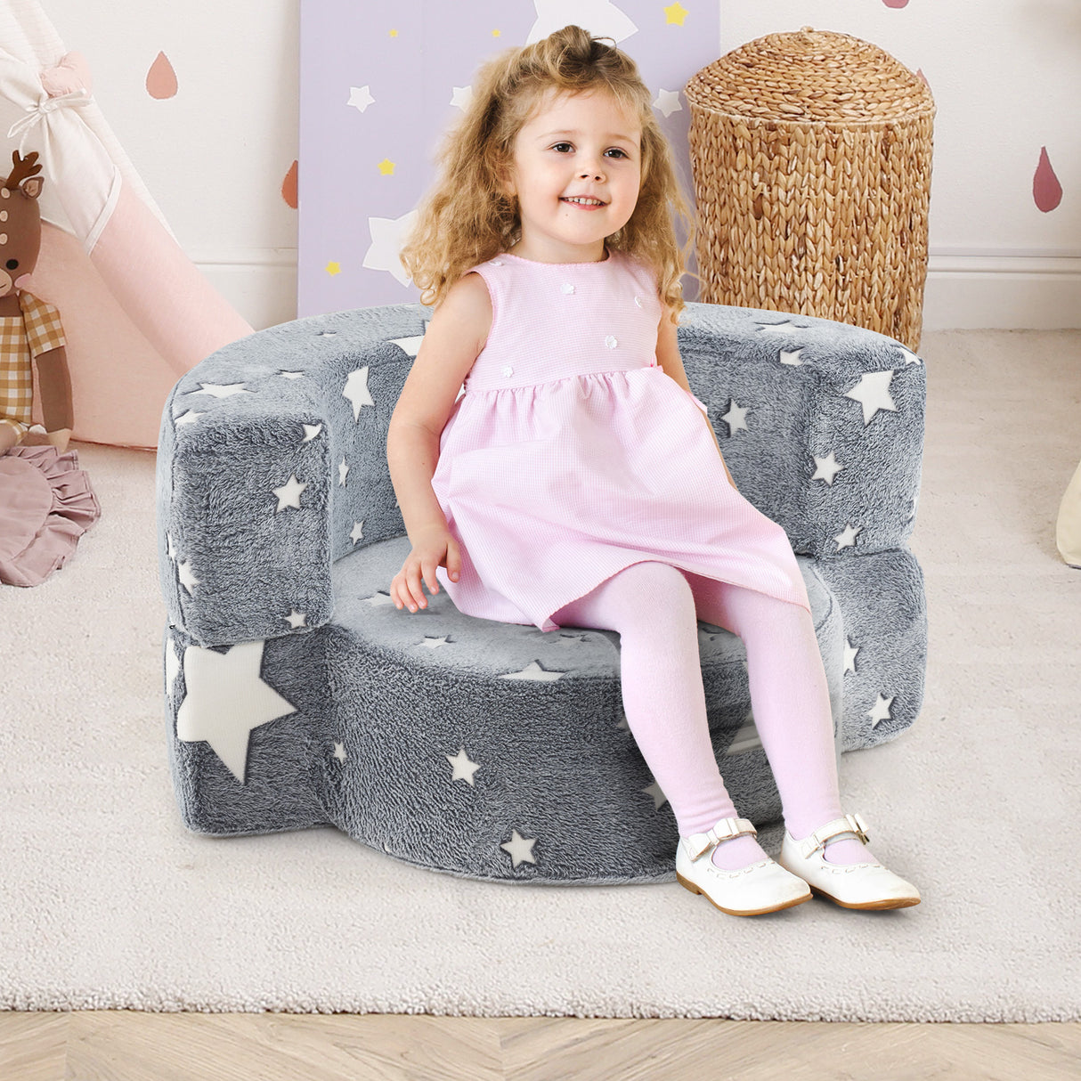 2-in-1 Convertible Glow in the Dark Kids Sofa with Removable Washable Cover-Gray