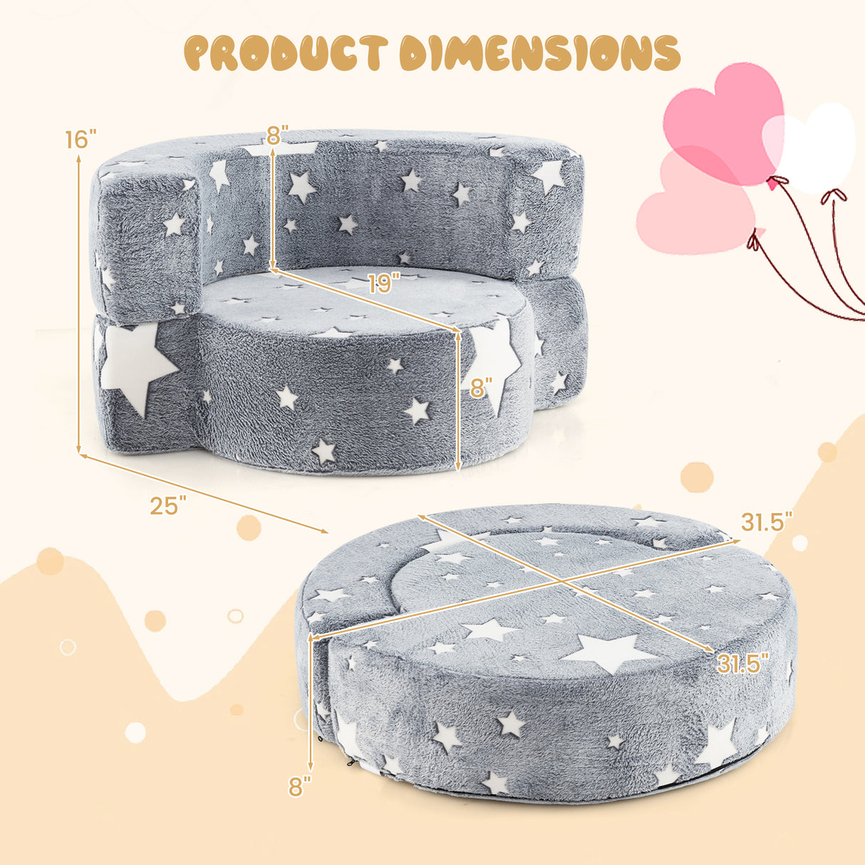 2-in-1 Convertible Glow in the Dark Kids Sofa with Removable Washable Cover-Gray