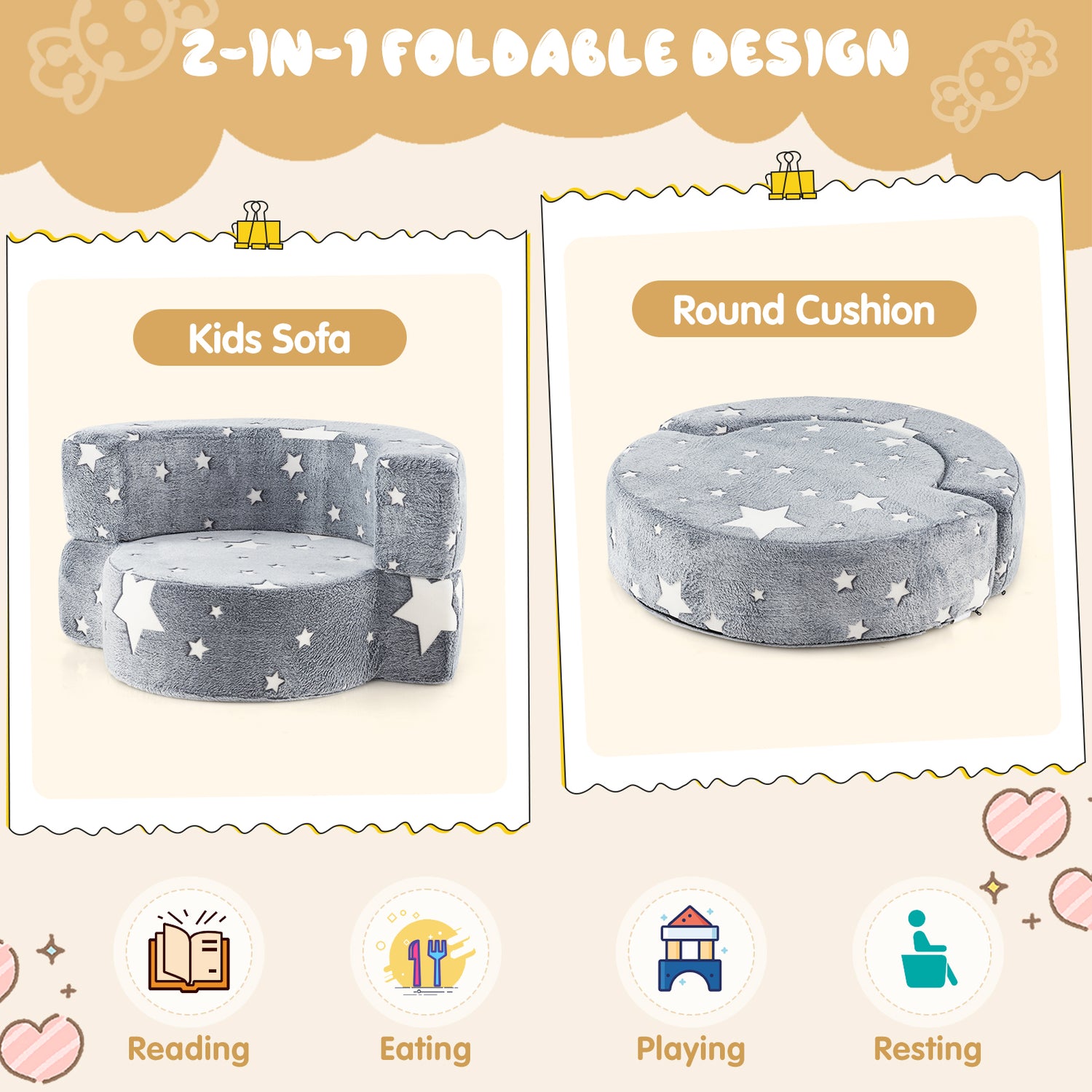 2-in-1 Convertible Glow in the Dark Kids Sofa with Removable Washable Cover-Gray