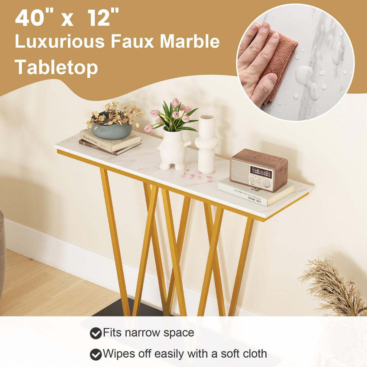 Gold Entryway Table 40 Inch Modern Console Table with Faux Marble Table and Metal Frame-White