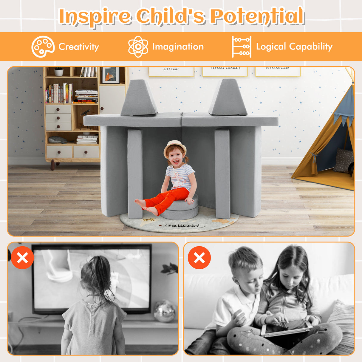 10-Piece Kids Play Couch Sofa with Portable Handle