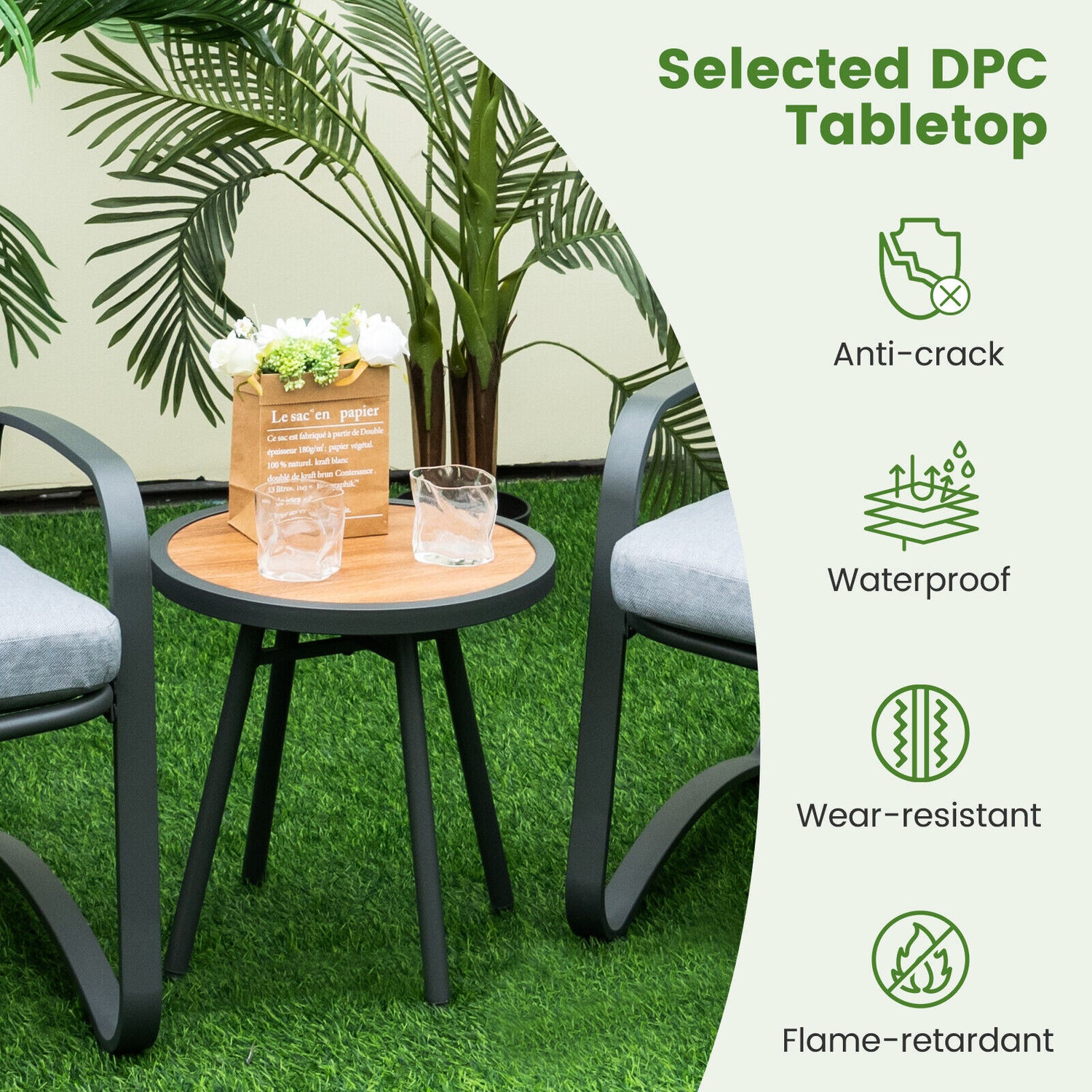 3 Pieces Patio Bistro Conversation Set with Waterproof DPC Tabletop