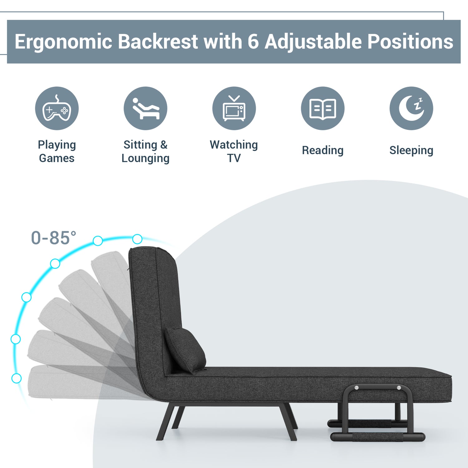 Folding 6 Position Convertible Sleeper Bed Armchair Lounge Couch with Pillow