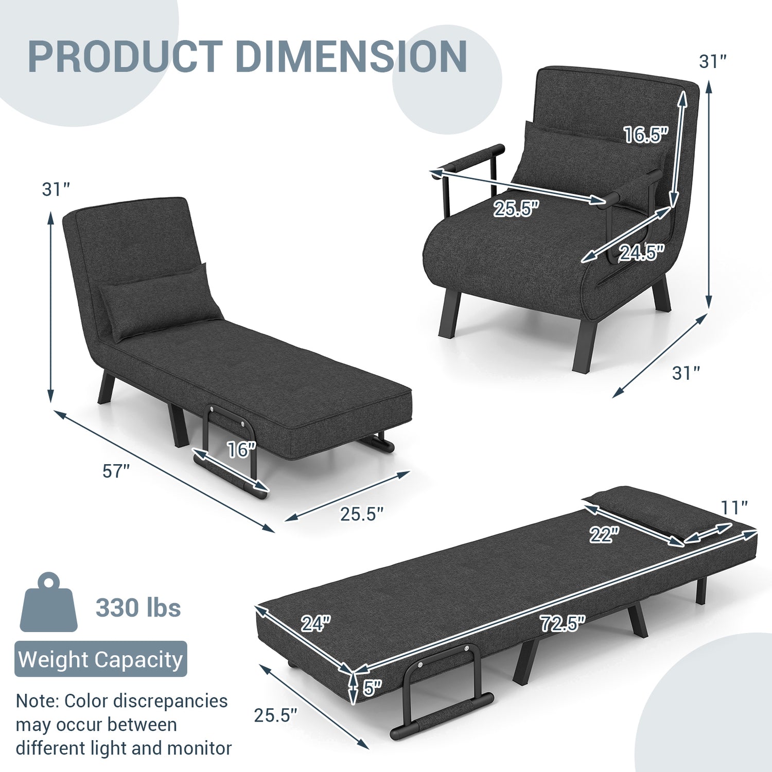 Folding 6 Position Convertible Sleeper Bed Armchair Lounge Couch with Pillow