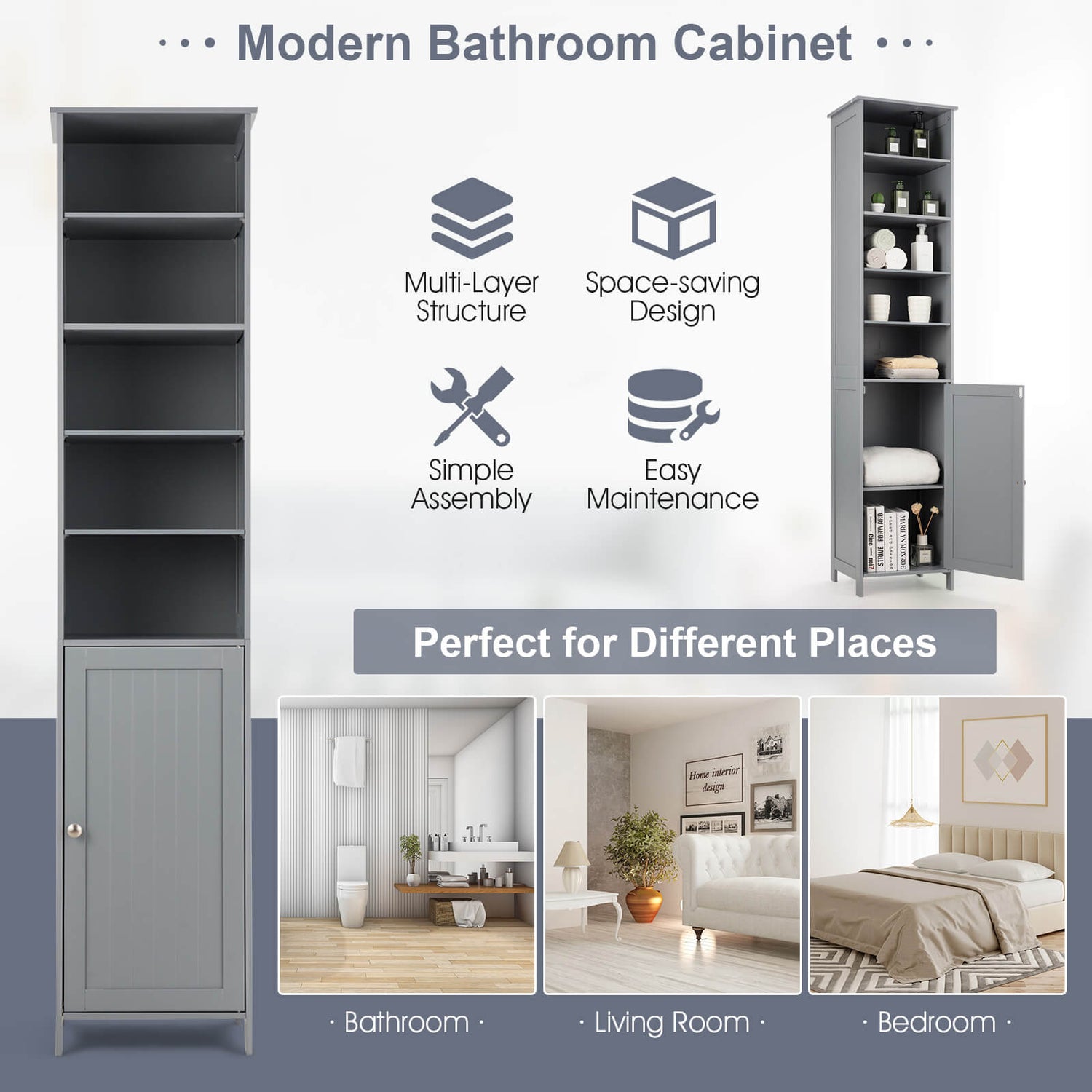 72 Inches Free Standing Tall Floor Bathroom Storage Cabinet-Gray