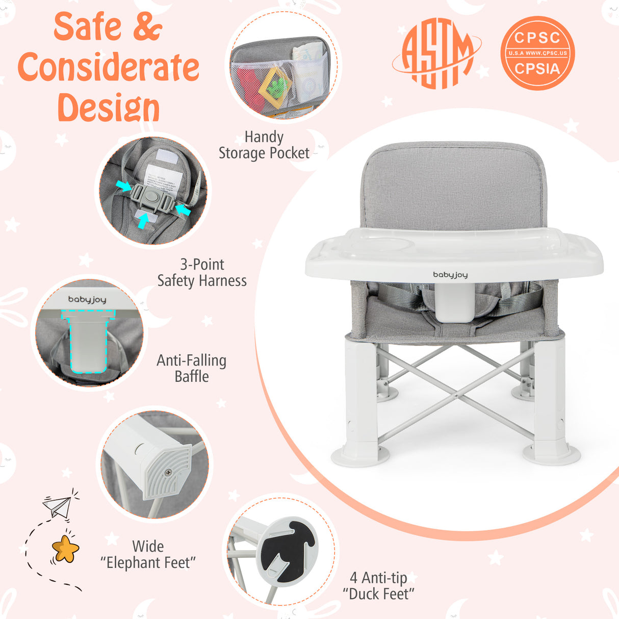 Portable Baby Booster Seat with Straps and Double Tray