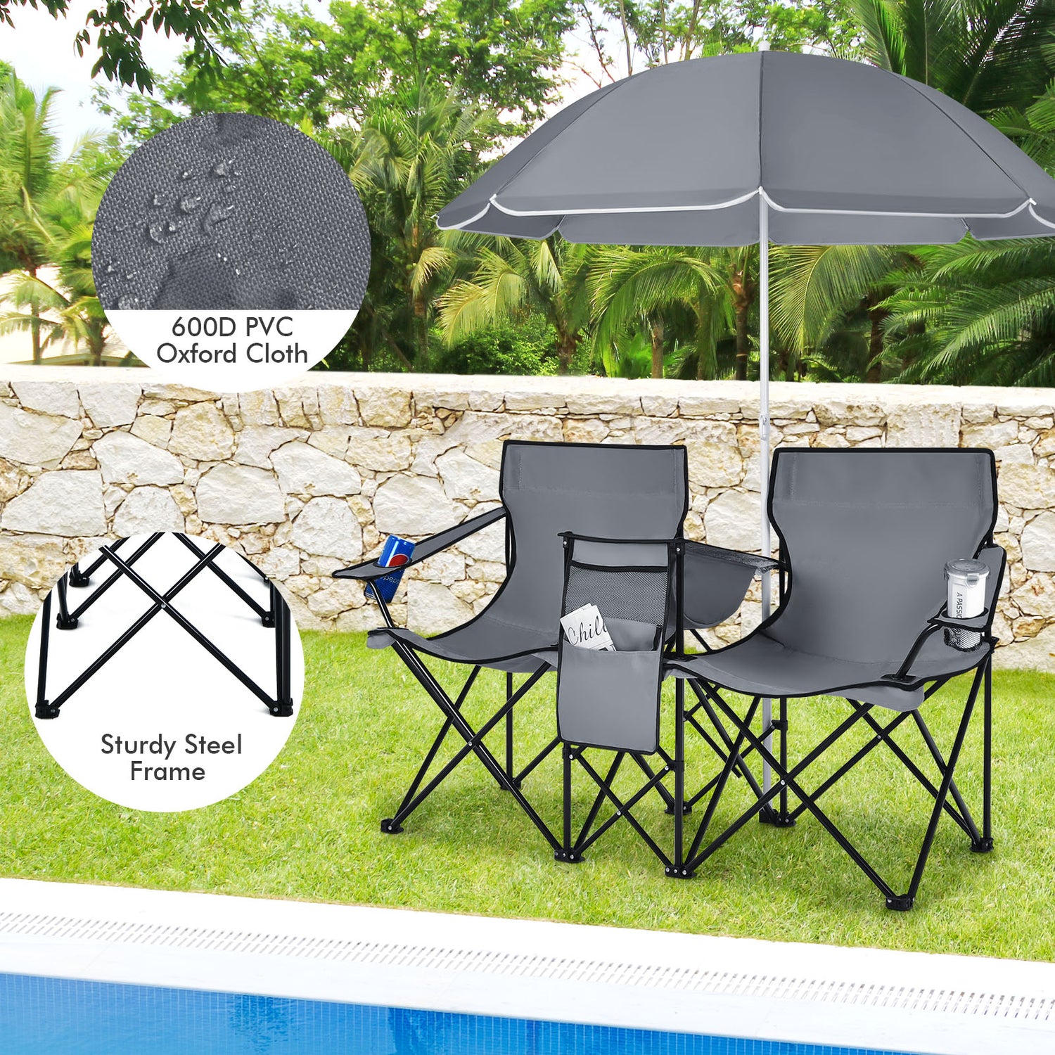 Portable Folding Picnic Double Chair with Umbrella