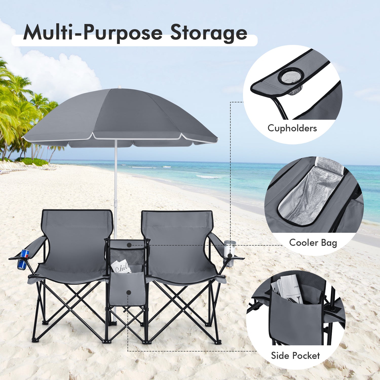 Portable Folding Picnic Double Chair with Umbrella
