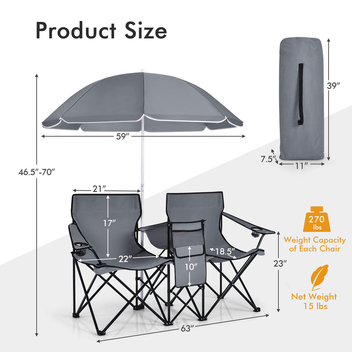 Portable Folding Picnic Double Chair with Umbrella